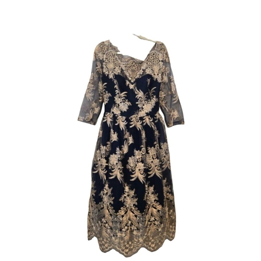ChiChi London Metallic Formal Midi Dress Navy Gold Embroidered Lace UK22 (US18)